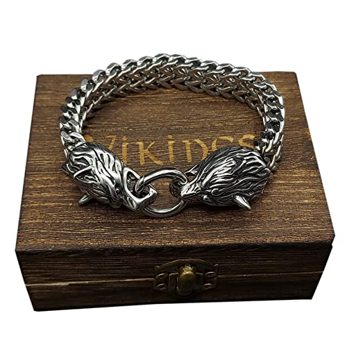 ZFSBRTL Königskette Silber 3D Wolfskopf Armband, Herren Edelstahl Wikinger Odin Wolf Panzerkette Totenkopf Armband Vintage Amulett Schmuck Geschenke mit Holzkiste,21cm