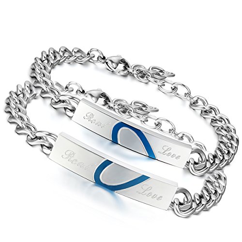 Flongo Partner Armband, 2 Stück Edelstahl Armband Armreif Armkette Partnerarmbänder Freundschaftsarmbänder Link Handgelenk Real Love Herz Gravur Silber Blau Panzerkette Kette Herren,Damen