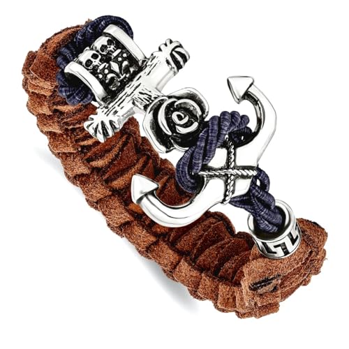 Edelstahl poliert Antik Braun Leder Anker Armband mit Knebelverschluss – 21,6 cm – JewelryWeb