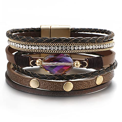 LCCDSD Boho-Armbänder Kristall Charm Multilayer Leder Armband Für Frauen Boho Geflochtene Wrap Armbänder Strass Rivet Statement Weibliche Schmucksachen Tik Tok Perlen (Metal Color : Brown)