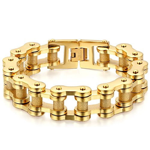 JewelryWe Schmuck Herren Armband, Gebürstet Poliert Fahrradkette Biker Link, Edelstahl, Gold