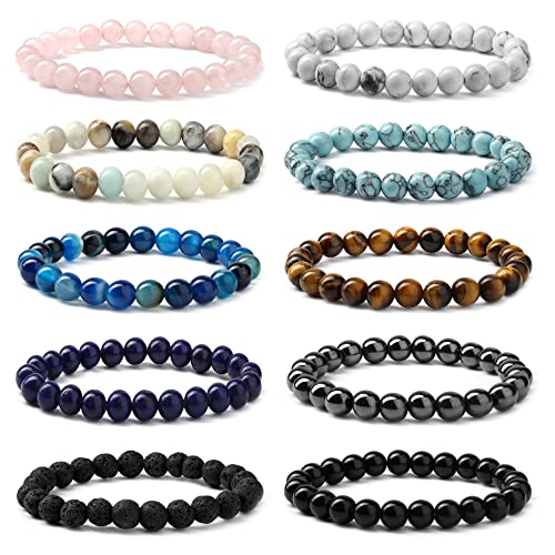 JeweBella 10Stück Natürliche Edelstein Armbänder Damen Herren Perlen Armbänder Rose Quartz Amethyst Tigerauge Obsidian Rotes Achat Türkisfarbenes Lavastein Armband Paare Stretch Armbänder Schmuck
