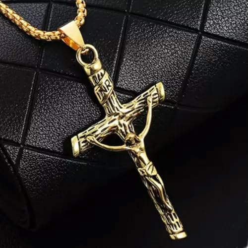 Halskette mit Kreuzanhänger für Herren und Damen, silberfarben, mit Jesus-Christus-Kruzifix, 61 cm, Gold