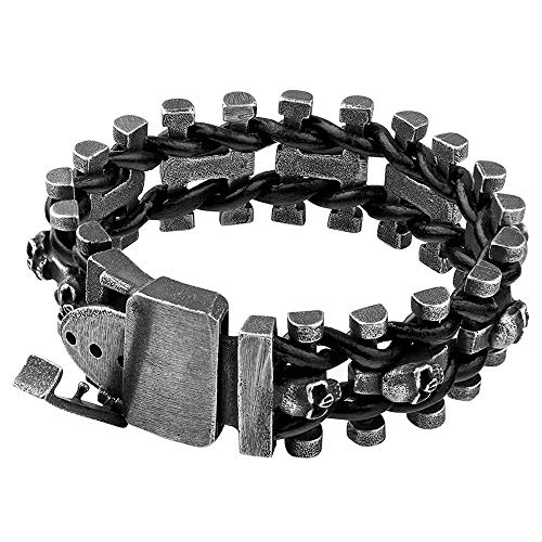 FORFOX Punk Schwarz Breit Edelstahl Totenkopf Leder Armband für Herren 22cm