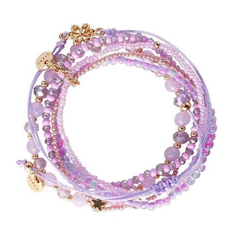 Lizas Armband fünfreihig + Stoffarmband mit verschiedenen Perlen und Farben - Zugband (lila)