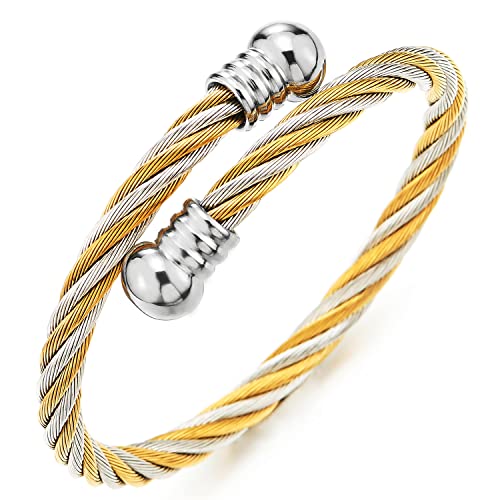 COOLSTEELANDBEYOND Elastische Verstellbare Damen Herren Armband Edelstahl Verdrehten Stahlkabel Armreif Silber Gold Zweifarbig