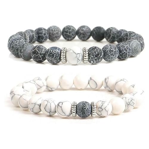 Fossil Armband-Set für Herren, 8 mm Perlen, Spacer, Achat, elastisches Seil, weiß-türkisfarbenes Perlenarmband – Armband-Set