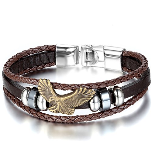 JewelryWe Schmuck Herren Damen Armband, Retro Adler Eagle Beads Kugeln Geflochten Charm Armreif, Leder Legierung, Braun Gold Silber