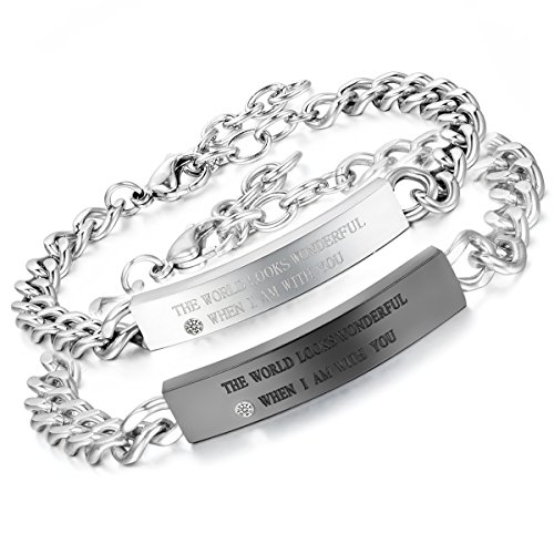 Aroncent Herren Damen Partnerarmband Gliederarmband - 2PCS Edelstahl Armreif Freundschaftsarmband Panzerarmband mit The World Looks Wonderful When I Am with You Gravur Panzerkette, Silber Schwarz