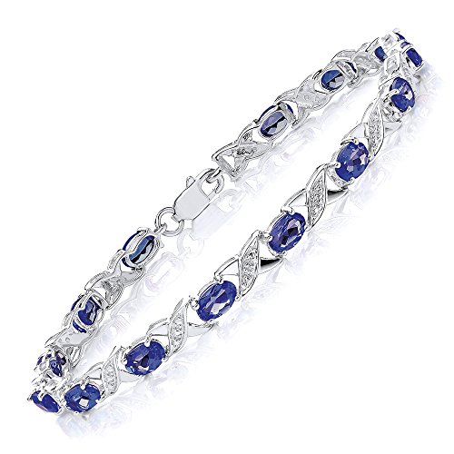 Theia Armband Sterling Silber Oval, 7 Karat Saphir mit überkreuzten Gliedern & Diamanten 19 cm