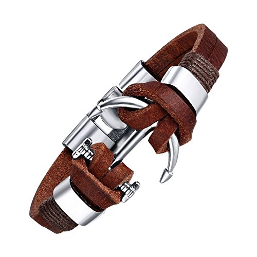 Hanessa 100% Echt Leder Surfer-Armband in Braun Anker Herren-Schmuck Edelstahl Geschenk zu Weihnachten für den Freund/Mann