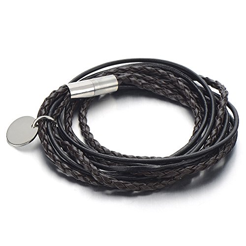 COOLSTEELANDBEYOND Doppel-Lap Herren Damen Leder-Armband Wickeln Schweißband Schwarz Braun Geflochtenes Leder mit Magnetverschluss
