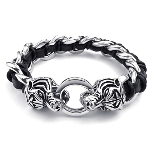 KONOV Schmuck Herren Armband, Biker Tiger Link, Leder Edelstahl, Schwarz Silber (mit Geschenktasche)