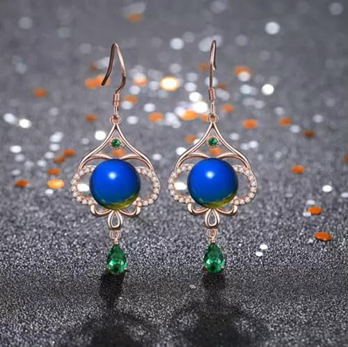 Natürlicher Blauer Bernstein, Tropfen-Ohrringe, einzigartiger Edelsteinhaken, 18 Karat vergoldet