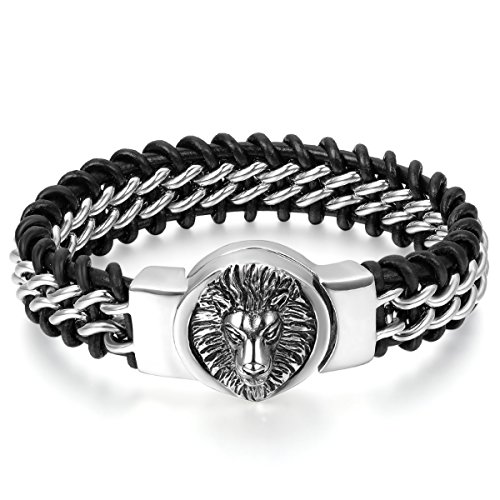 JewelryWe Schmuck Herren Armband, Gotik Löwe Geflochtene Kette Armreif, Echtleder Leder Edelstahl, Silber Schwarz