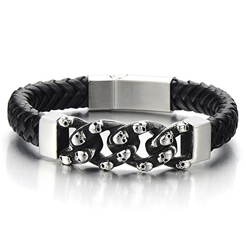 COOLSTEELANDBEYOND Einzigartiges Schwarz Geflochtenes Leder-Armband Edelstahl Schädel Panzerkette Armreif für Herren, mit Magnetverschluss
