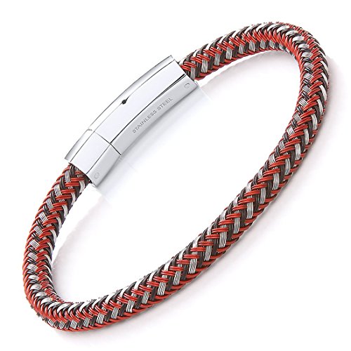 Theia Unisex Edelstahl Gummi und Drahtarmband Rot, Schwarz und Silber