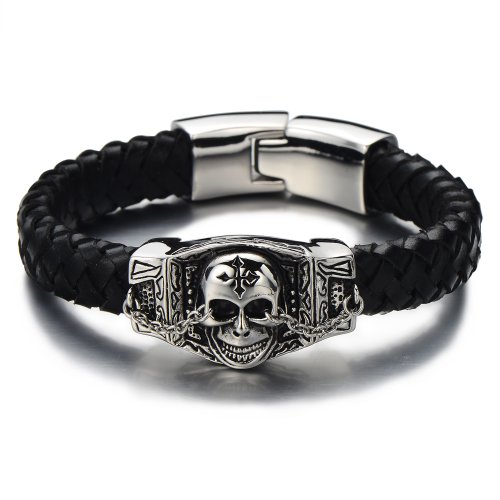 COOLSTEELANDBEYOND Biker Geflochtenes Leder-Armband Schädel-Armband für Herren aus Edelstahl und Echtem Leder Silber Schwarz Zwei Töne Gotik