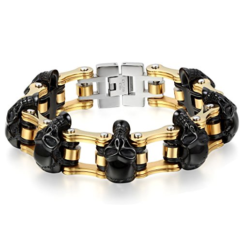 JewelryWe Schmuck Herren Armband, Edelstahl, Gotik Totenkopf Schädel Fahrradkette Biker Link, Schwarz Gold Silber