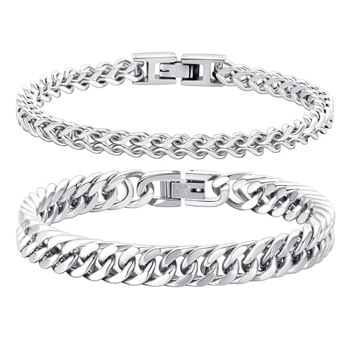 2 Stück Edelstahl Armband Für Herren Edelstahlarmband Kubanisches Armband Silber Für Männer Stainless Bracelet for Men Tigerauge Armband Armkette Für Herren Edelstahl Armbänder Für Männer