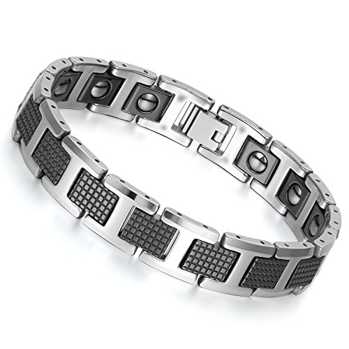 Flongo Paar Armband Magnetarmband 12mm Kohlenstoff-Faser Energie magnetischen Stein Edelstahl Armbänder für Paar Wolframcarbid Wolfram Armband Magnet Geschenk für Herren Damen schwarz silber