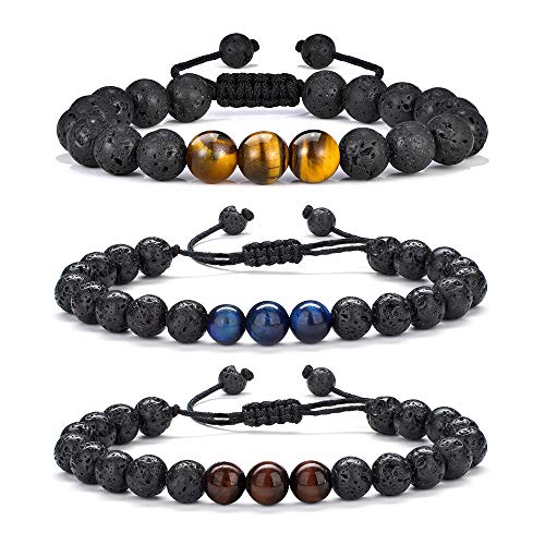 M MOOHAM 8mm Tigerauge Stein Armband Vatertagsgeschenk für Herren Lavasteine Armband Stressabbau Armband für Männer Geschenk für Papa Opa Freund Ehemann Sohn Bruder, 7 inches, Stein