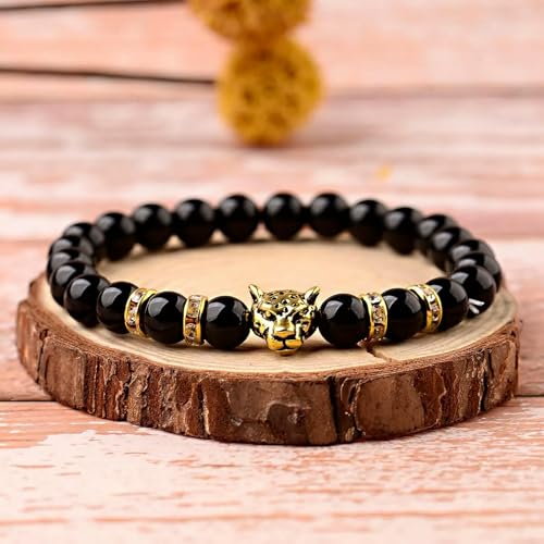 8mm Naturstein Edelstein Gold Leopardenkopf Damen Herren Armbänder-Standard