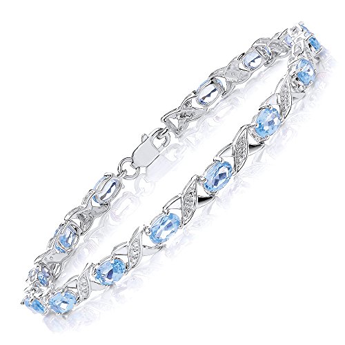 Theia Armband Sterling Silber Oval, 7 Karat Schweizer Blautopas Edelstein mit überkreuzten Gliedern & Diamanten 19 cm