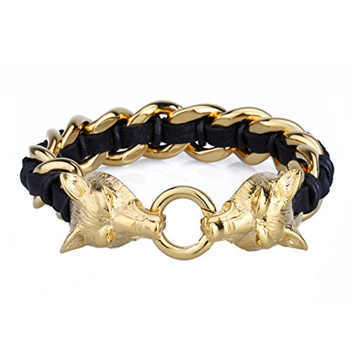 COPAUL Schmuck Edelstahl Herren Schwarz Leder Armband Wolf Koft Länge 8.66  Gold