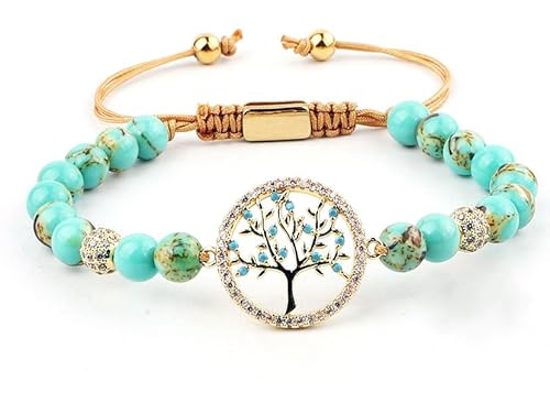 BeWithYou Lebensbaum Yoga Armband Damen mit Edelstein Perlen und funkelnden Zirkonia besetzt - Handgefertigt (Gold)