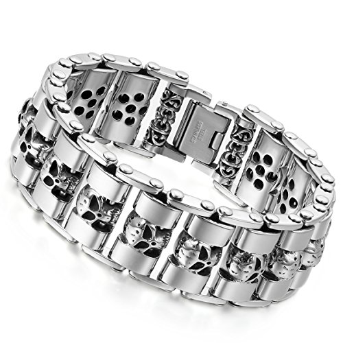 Flongo Herren-Armband Männer Armband, Große Schwer Breit Edelstahl Armband Link Handgelenk Silber Schwarz Gold Totenkopf Schädel Motorradfahrer Biker Herren-Accessoires