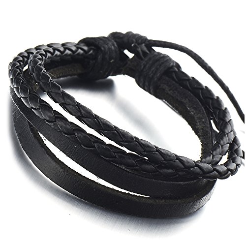 COOLSTEELANDBEYOND Handarbeit Geflochtenem Lederarmband Multi-Strang für Herren für Damen Schwarz Leder Wickeln um Strap Schweissband