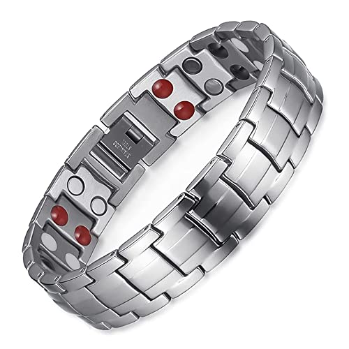 Momeski Magnetarmband Titan, Herren Mode Magnetarmband, Titan Stahl Armband Armbänder, Männer Frauen Unisex Schwarz Stein Armband (Silber)