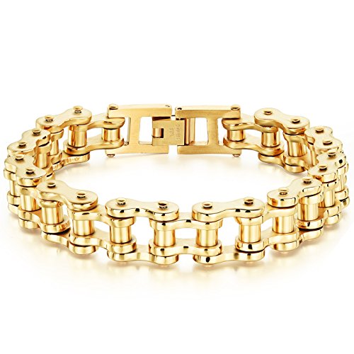 JewelryWe Schmuck Herren Armband, Schwer Biker Link Fahrradkette, Edelstahl, Gold