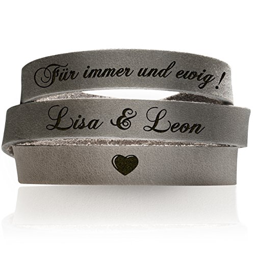 schenkYOU® Wickelarmband mit Gravur gestalten - Echt Lederarmband FARBE TAUPE | GRAU mit Ihrem Wunschtext graviert - Partnerschmuck als individuelle Geschenkidee für Weihnachten