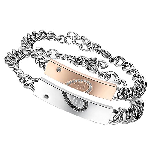 Flongo 2 Stück Partnerarmbänder Armband Edelstahl Armreif Armkette with Wish Love and Happiness Gravur Herz Link Handgelenk Zirkon Zirkonia Silber Rose Gold Schwarz Panzerkette Kette Herren,Damen