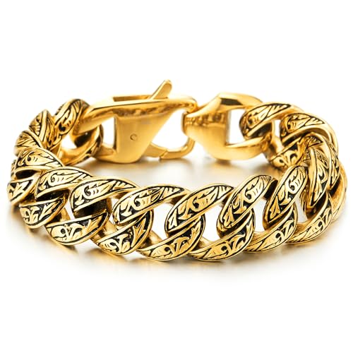 COOLSTEELANDBEYOND Herren Gold Schwarz Schick Panzerkette Armband aus Edelstahl mit Tribal Tätowierung Muster, Retro-Stil