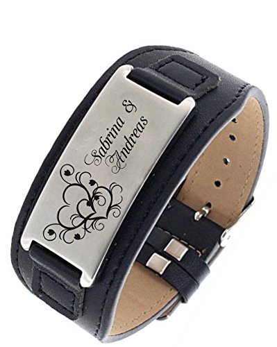 aplusashop ID Leder Armband mit Edelstahlplatte inkl. Gravur nach Wunsch in 3 Farben (Schwarz + Silberne Plate)