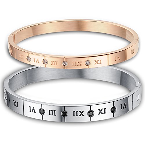 JewelryWe Schmuck 2pcs Herren Damen Pärchen Armband, Klassiker Römische Zahlen Ziffern Freundschaftsarmband Paar Armreif Armspange, Zirkonia Diamant Edelstahl, Rose Gold Schwarz Silber
