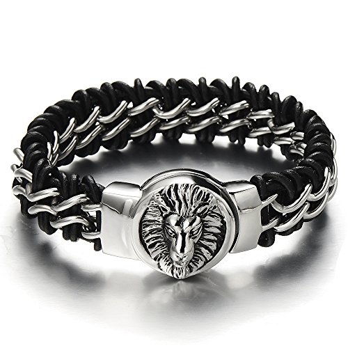 COOLSTEELANDBEYOND Geflochtenes Leder-Armband für Herren mit Edelstahl Löwenkopf und Schwarz Echtes Leder Biker Armband