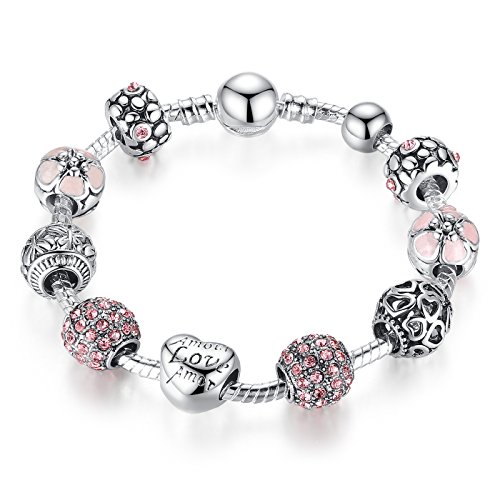 A TE® Armband Charms Rosa Kristall Amor Herz Beads Damen Geschenk #JW-B127