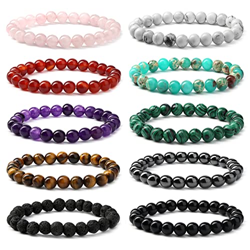 JeweBella 10Stück Natürliche Edelstein Armbänder Damen Herren Perlen Armbänder Rose Quartz Amethyst Tigerauge Obsidian Rotes Achat Türkisfarbenes Lavastein Armband Paare Stretch Armbänder Schmuck