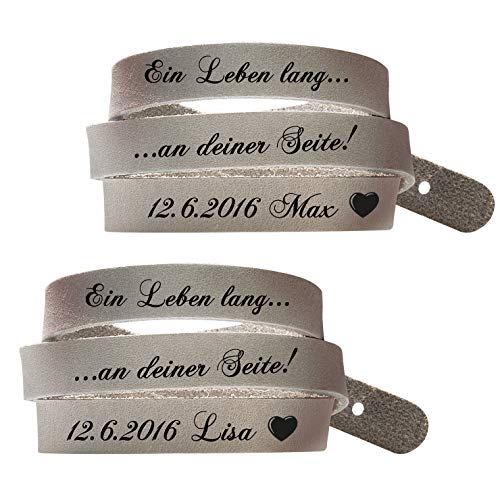 schenkYOU® Partner-Set Wickelarmbänder in Schlammgrau mit Gravur gestalten - Echt Lederarmbänder mit Ihrem Wunschtext graviert - Partnerschmuck als individuelles Geschenk für Muttertag
