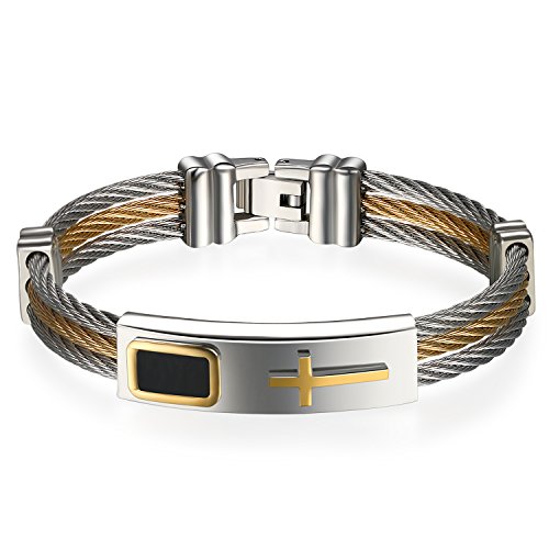 JewelryWe Schmuck Herren Armband, Klassisch Kreuz Dreifach Draht Armreif, Edelstahl, Gold Silber - kostenlos Gravur