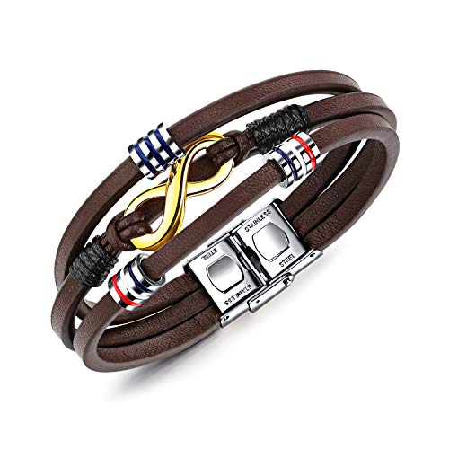 Unendlich U Herren Handgefertigt Echtleder Armband Edelstahl Golder Unendlichkeit Symbol Verschluss Armband für Männer, Braun