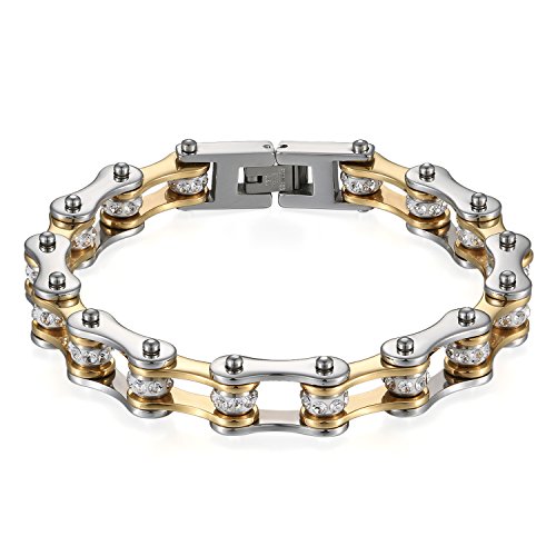 JewelryWe Schmuck Herren Armband, Top-Qualität Fahrradkette Motorradkette Hochglanz Poliert Armkette, Edelstahl Strass, Gold Silber
