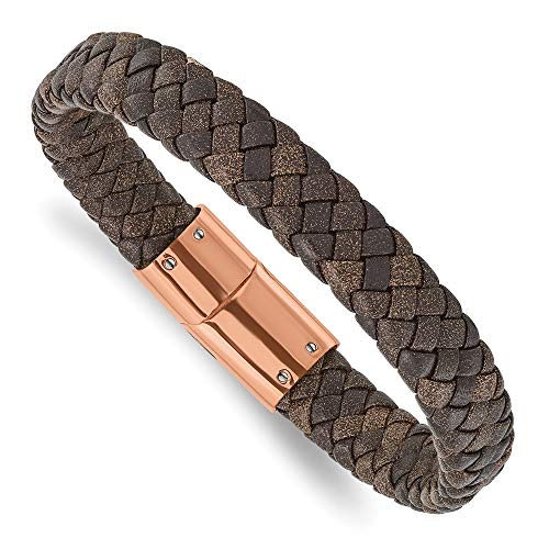 Edelstahl Stahl Poliert Rose IP geflochten braun Leder Armband – 23 cm