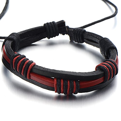 COOLSTEELANDBEYOND Handarbeit Geflochtenem Leder-Armband für Herren für Jungen für Damen Rotem und Schwarz Echtes Leder Wickeln Schweißband