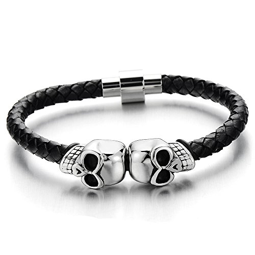 COOLSTEELANDBEYOND Edelstahl Schädel Lederarmband Herren Armband Schwarz Leder Armreif mit Magnetverschluss