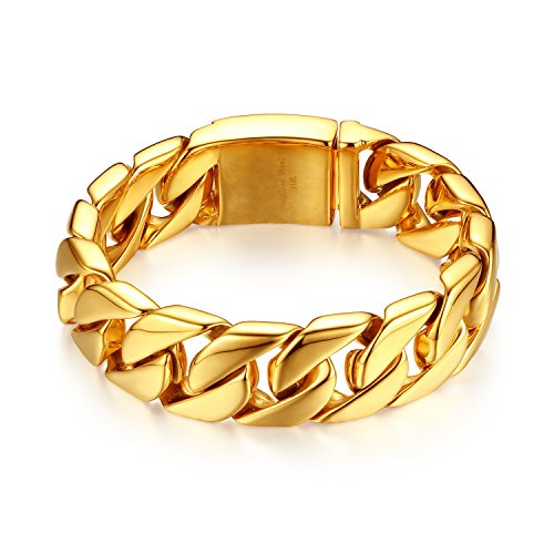 JewelryWe Personalisierte Schmuck Große Schwere Panzerkette Herren Armband, Edelstahl, Biker, Hochglanz Poliert, Gold, kostenlose Gravur